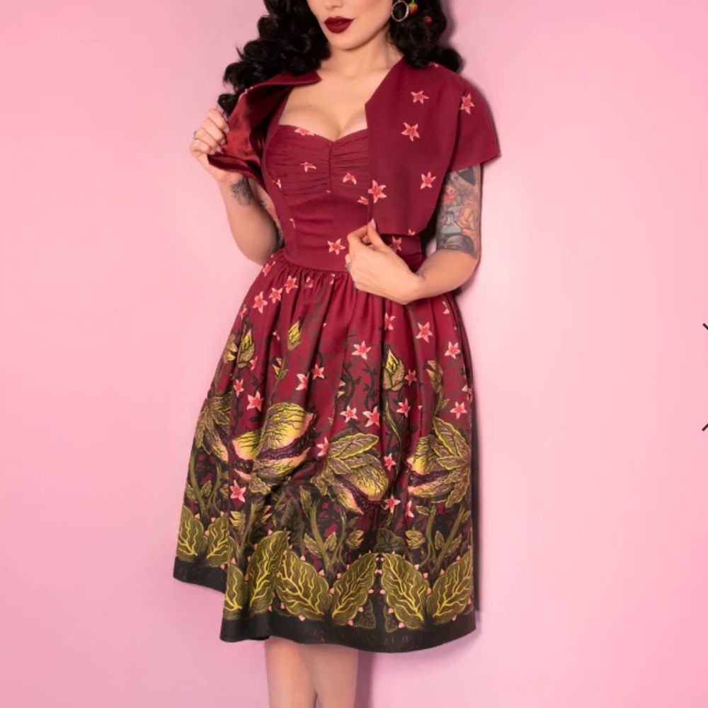 Pinup Couture Burgundy Floral Fit-and-Flare Dress